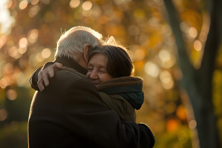 Elderly man embraces his granddaughter outdoors with a blurred park backdrop. Concept Family Reunion, Intergenerational Bonding, Affectionate Embrace, Outdoor Portrait, Park Backgroundの素材