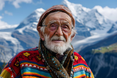 Swiss man in traditional alpine attire poses against scenic mountainous backdrop. Concept Alpine Photoshoot, Traditional Attire, Mountainous Backdrop, Swiss Man, Scenic Portraitの素材