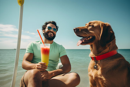 Man and his faithful canine companion happily savoring a cool smoothie outdoors. Concept Outdoor Photoshoot, Dog Friendly Activities, Smoothie Enjoyment, Summer Funの素材