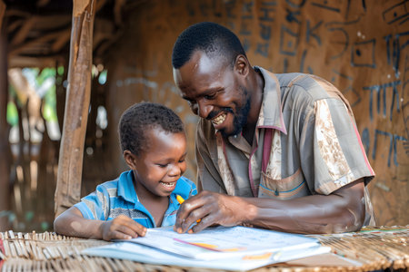 Joyful father assisting child with schoolwork connection genuine captured in image. Concept Family bonding, Homework help, Teaching moments, Parenting bliss, School supportの素材