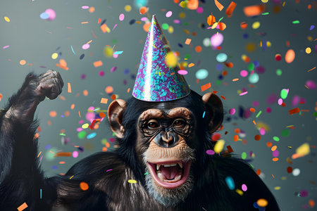 Celebratory Monkey in Party Hat with Confetti Embracing Festive Occasion. Concept Festive Photos, Celebratory Monkey, Party Hat, Confetti, Fun Portraitの素材