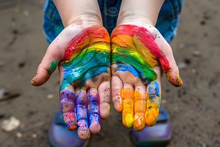 Kids hands covered in paint proudly displaying a vibrant rainbow drawing. Concept Children, Art, Creativity, Paint, Rainbowの素材