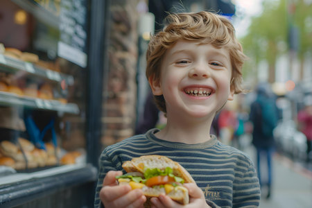 Happy little boy holding a sandwich with a big smile on face. Concept I suggest the following topics for the description, Happy, Boy, Smiling, Sandwich, Joyfulの素材