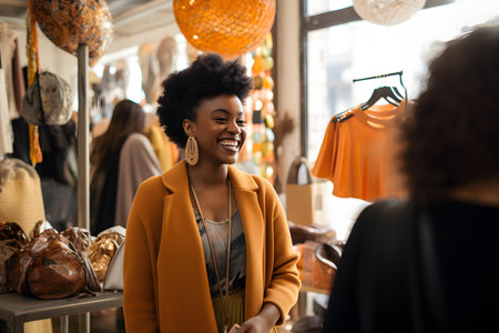 Joyful black woman embracing her shopping experience at a popup store. Concept Shopping Experience, Popup Store, Black Woman, Joyful, Embracingの素材