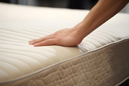 Testing Mattress Responsiveness: Applying Pressure with Hands In-Store. Concept Mattress Testing, In-Store Evaluation, Hand Pressure, Responsiveness Assessmentの素材