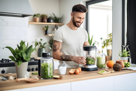 Man happily preparing healthy smoothie with fresh ingredients in modern kitchen. Concept Cooking, Healthy Lifestyle, Smoothies, Fresh Ingredients, Modern Kitchenの素材