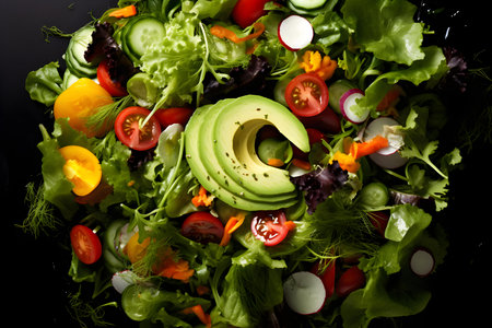 Green salad with fresh veggies viewed from the top. Concept Food Photography, Green Salad, Fresh Veggies, From Above Viewの素材