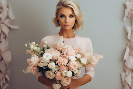 Fashionable person with a pastel flower bouquet adds elegance to their style. Concept Fashion Photography, Pastel Colors, Floral Arrangements, Elegance, Lifestyle Portraitsの素材