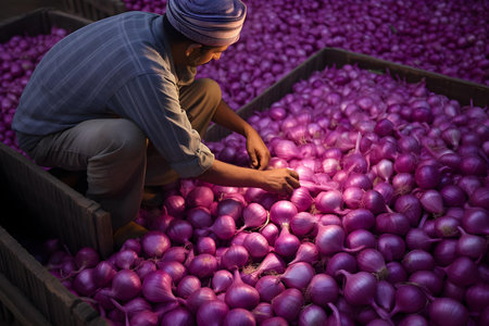 Person selects onions in supermarket capturing vibrant colors and freshness. Concept Fresh Produce, Grocery Shopping, Vibrant Colors, Healthy Choices, Supermarket Selectionの素材