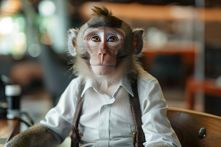 Monkey in Corporate Attire: A Comedic Capture. Concept Humorous Portraits, Animal Photography, Office Monkey, Costume Photography, Corporate Comedyの素材