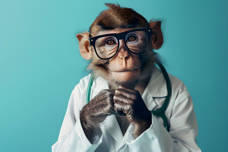 Monkey with glasses in medical attire on blue backdrop showcasing expertise. Concept Monkey in Glasses, Medical Attire, Blue Backdrop, Expertise Showcasingの素材