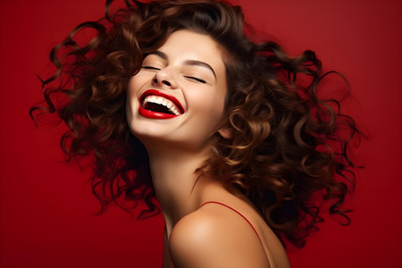 Laughing brunette model with curly hair and red lips. Concept Outdoor Photoshoot, Colorful Props, Joyful Portraits, Playful Poses, Laughter, Brunette Model, Curly Hair, Red Lipsの素材