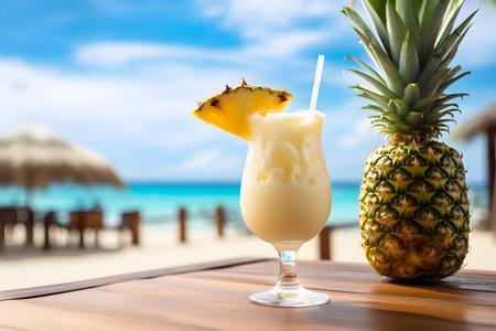 Refreshing pina colada garnished with cream and pineapple beside a tropical beach bar. Concept Pina Colada Cocktail, Creamy Delight, Tropical Beach Bar, Pineapple Garnish, Refreshing Drinkの素材