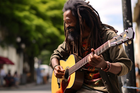 Rastafarian strums guitar in the street. Concept Street Performance, Musician, Rastafarian, Guitar, Cultural Representationの素材