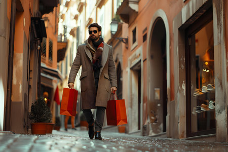 Stylish male shopper exploring trendy Italian street with shopping bags ideal advert. Concept Fashion Photography, Street Style, Italian Lifestyle, Shopping Experience, Male Model Portraitの素材