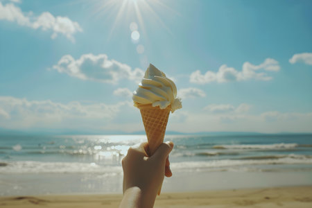 Person enjoying a refreshing gelato by the beach on a sunny day. Concept Beach, Gelato, Sunny Day, Relaxation, Refreshing Treatの素材