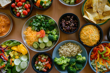Delicious School Lunch Selection with a Variety of Dishes on a Cafeteria Tray. Concept School Lunch, Variety of Dishes, Cafeteria Tray, Delicious Selection, Kid-Friendly Optionsの素材