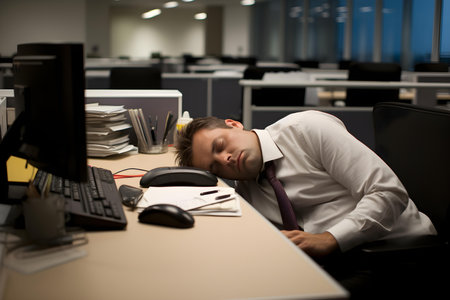 Worker falls asleep at desk due to sleep deprivation. Concept Workplace Health, Sleep Deprivation, Workplace Safety, Employee Wellness, Break Time Managementの素材