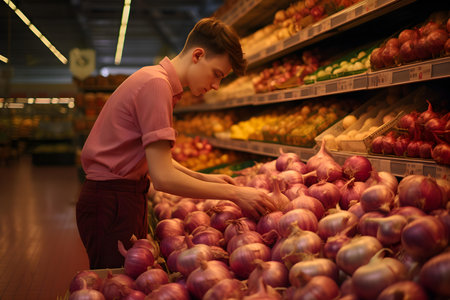 Selecting Fresh Onions at the Supermarket: Vibrant Colors and Freshness Captured. Concept Grocery Shopping, Fresh Produce, Healthy Eating, Food Selection, Supermarket Adventureの素材
