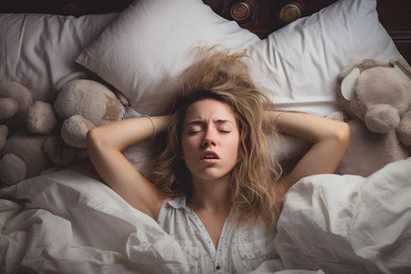Desperate woman covers ears in bed to block out noise. Concept Emotional distress, Coping mechanisms, Mental health, Stress management, Noise pollutionの素材