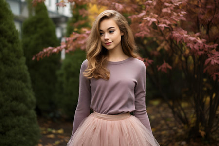 Teen girl donning tulle skirt and autumn sweater. Concept Fashion, Autumn Style, Teen Photography, Tulle Skirt, Sweater Outfitの素材