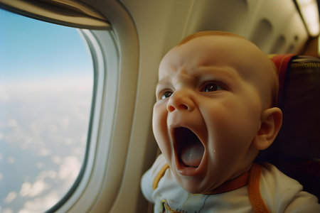 A baby crying on an airplane. Concept Travel, Babies, Airplanes, Crying, Parentingの素材