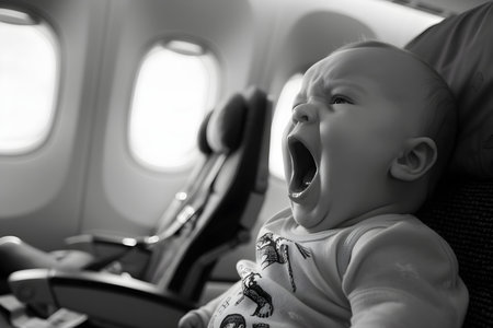 A Crying Baby on an Airplane. Concept Traveling with Family, Airplane Etiquette, Parenting Challenges, Managing Stress, Keeping Kids Happyの素材