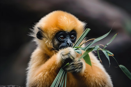 Yellowcheeked gibbon perched on a branch enjoying the grass as a snack. Concept Wildlife Photography, Animal Behavior, Primate Observation, Habitat Enrichment, Conservation Effortsの素材