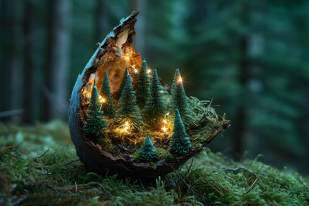 Mystical Horn Filled With Miniature Glowing Trees, Representing An Enchanted Forest Within The Confines Of The Cone. Ð¡oncept Magical Forest In A Cone, Glowing Miniature Trees, Enchanted Hornの素材