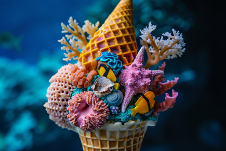 An Aquaticthemed Cone Containing Seashells, Corals, And Vibrant Fish, Creating An Underwater Wonderland Nestled Inside The Ice Cream Coneの素材