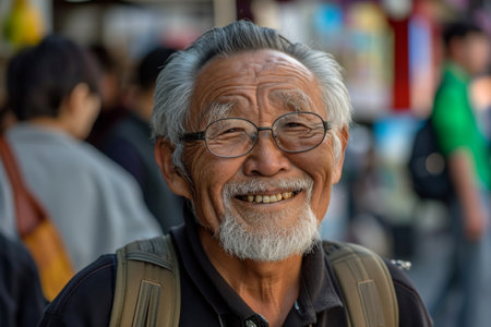 Jovial Asian Gentleman Wearing Contagious Smile On His Face. Ð¡oncept Family Portraits, Nature Scenery, Athletic Poses, Artistic Black And White Shotsの素材