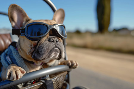 Playful French Bulldog Wearing Goggles Enjoys Ride In Pedal Car. Ð¡oncept Pet Adventures, Fun With Furry Friends, Playful Pets, Goofy Animal Antics, Pet Portraitsの素材