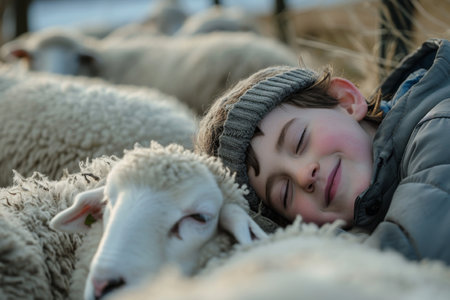 Young Boy Imagines Playful Sheep As He Lays Down To Rest. Ð¡oncept Imaginary Sheep, Playful Dreams, Restful Nap, Young Boy's Imaginationの素材