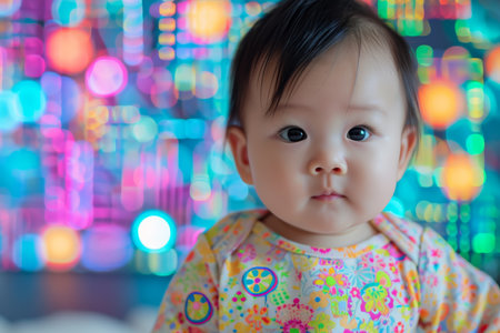 Asian Baby In Colorful Clothes Poses Against Vibrant Background, Inspired By Modern Technology. Ð¡oncept Tech-Inspired Baby Photoshoot, Asian Infant In Vibrant Attire, Colorful Props And Backgroundの素材