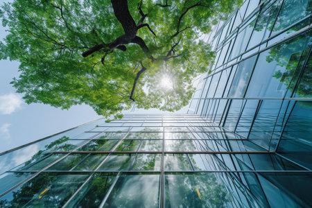 Sustainable Glass Office Building With Tree, Promoting An Ecofriendly Environment. Concept Green Energy Solutions, Rooftop Gardens, Recycling Initiatives, Sustainable Materials, Net-Zero Emissionsの素材