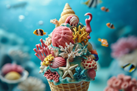 An Aquaticthemed Cone Containing Seashells, Corals, And Vibrant Fish, Creating An Underwater Wonderland Nestled Inside The Ice Cream Coneの素材