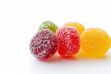 Colorful Candy With Flavors Of Freezedried Fruit Sits Alone On White. Ð¡oncept Food Photography, Fruit-Flavored Candy, Colorful Props, Still Life, White Backgroundの素材