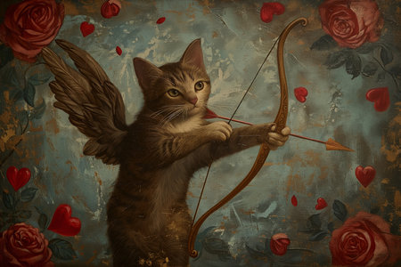 Cat Cupid In Romantic Renaissance Motif Shooting Arrows On Valentines Day. Ð¡oncept Romantic Valentine's Day Photoshoot, Cat Cupid, Renaissance-Inspired Props, Arrow Shooting, Love And Romanceの素材