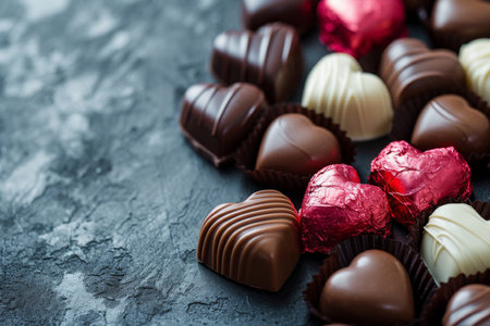 Assorted Valentines Day Chocolates In The Shape Of Hearts For Decoration. Ð¡oncept Valentine's Day Decor, Heart-Shaped Chocolates, Assorted Chocolates, Romantic Ambiance, Sweet Treatsの素材