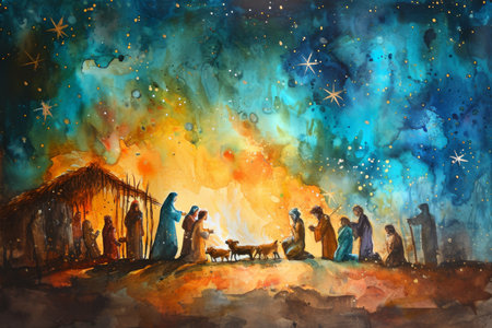 Beautiful Nativity Scene In Watercolor, Capturing The Essence Of Jesus Birth. Ð¡oncept Winter Landscape Photography, Moody Black And White Portraits, Macro Flower Photography, Urban Street Artの素材