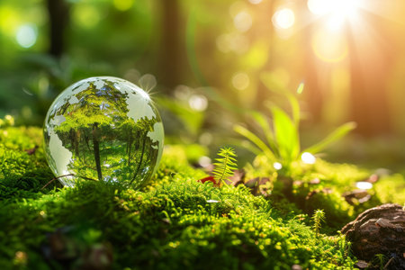 Enchanting Forest Scene: Green Globe Amidst Moss And Sunlightの素材