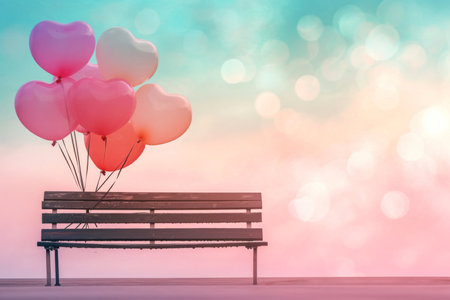 Dreamy, Pastel Sky Frames Heartshaped Balloons On Park Bench Promoting Romance. Ð¡oncept Romantic Photoshoot, Dreamy Atmosphere, Pastel Sky, Heart-Shaped Balloons, Park Benchの素材