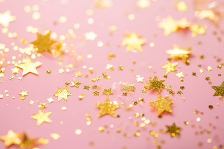 Golden Star Confetti Sprinkled Across A Gentle Pink Backgroundの素材