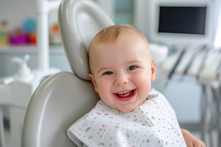 Joyful Infant Flashing Pearl-White Smile In Dentist's Chair, Perfect For Children's Dentistryの素材