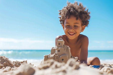 Happy Kid Building Sandcastles And Enjoying Sunny Day At The Beachの素材