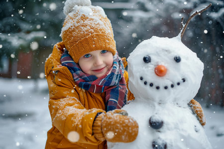 Delighted Child Embracing The Magic Of Winter, Creating A Snowman In The Yardの素材