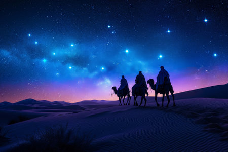 The Symbolic Christmas Journey Of Three Wise Men Through The Starry Desertの素材