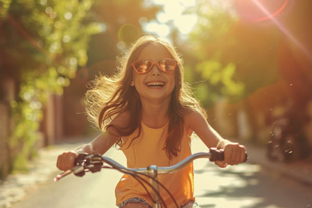 Happy Child Enjoying Sunny Bike Ride On Summer Streetの素材