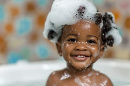 Happy African American Baby Boy With Soap Foam On His Headの素材