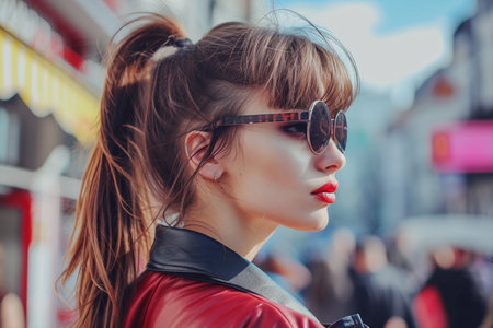 Fashionable Girl With Trendy Sunglasses And A Chic Ponytail Contemplating In The Urban Landscapeの素材